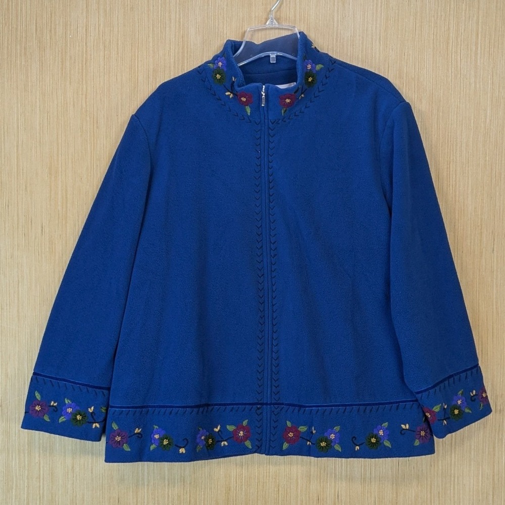 Susan Graver Style Blue Fleece Floral Embroidered Zip Up Jacket Women 2X New